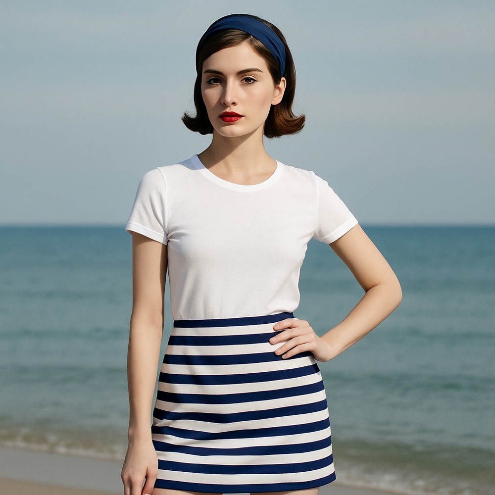 Vintage Roger‎ Sakoun Paris Skirt 44 Navy White Stripe Cotton France Mod Mini